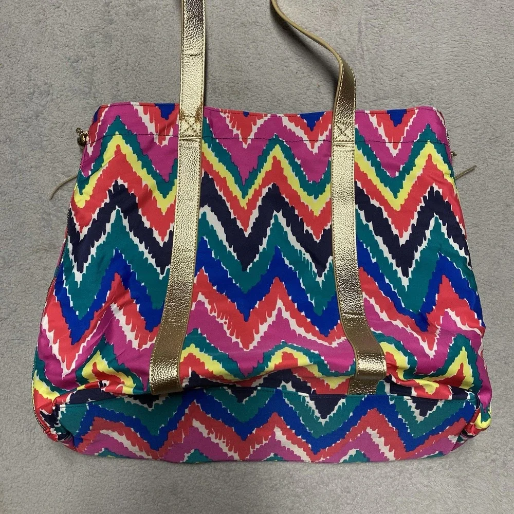 Lilly‎ Pulitzer Tote Bag Multi Hearts A Flutter Gold Accents Tassel Expandable